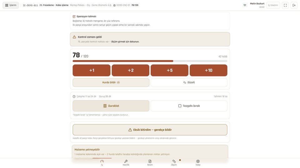 The operator's job screen: counter, time and downtime at a glance.