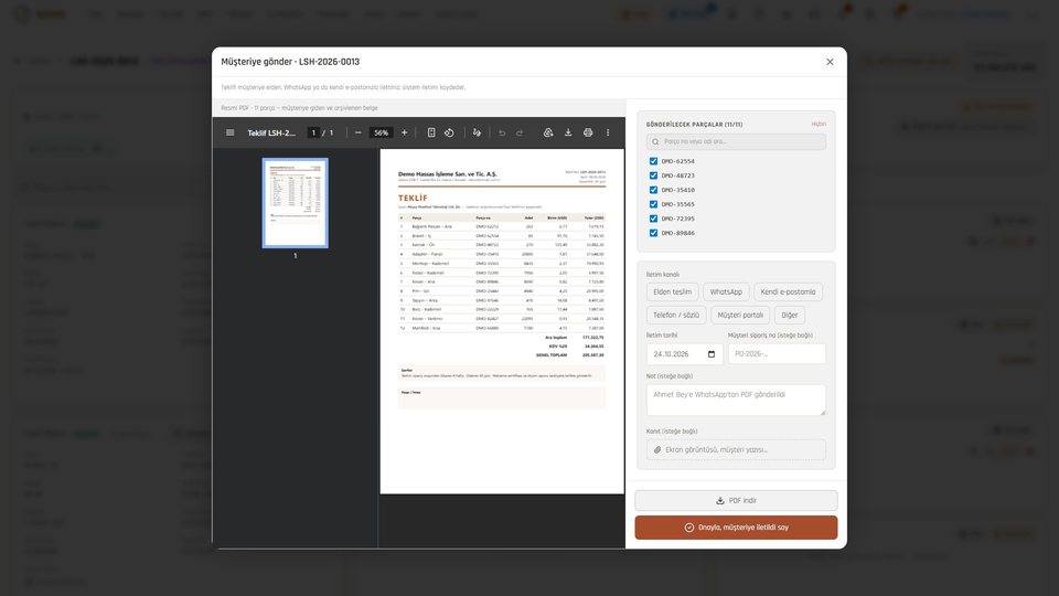How the quote was sent is on record: channel, date and PDF.