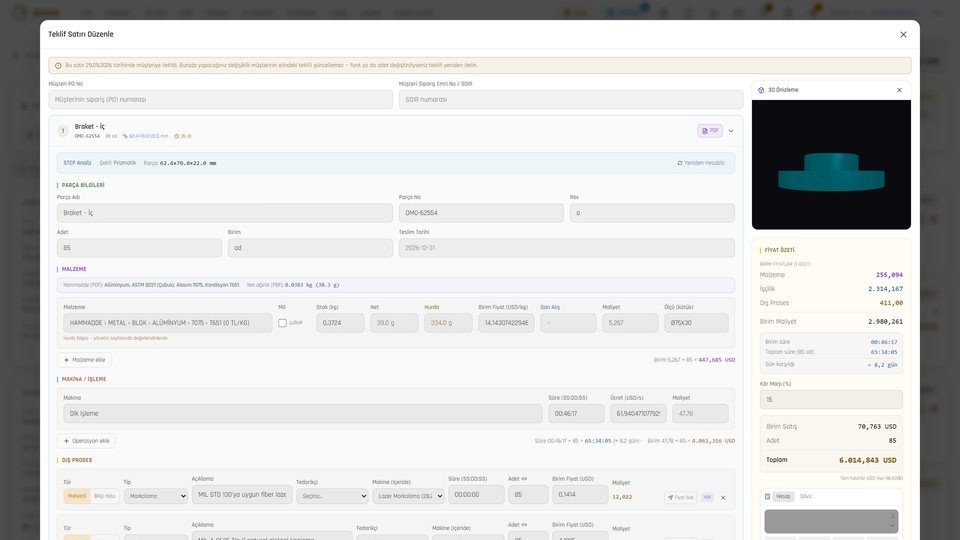 3D preview, STEP analysis and a live price summary side by side on the quote line.