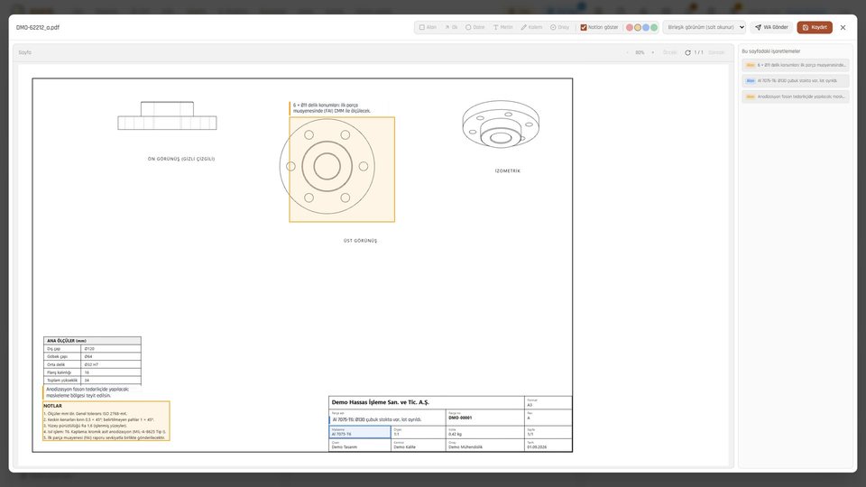 Working together on the technical drawing: everyone adds notes on their own layer.