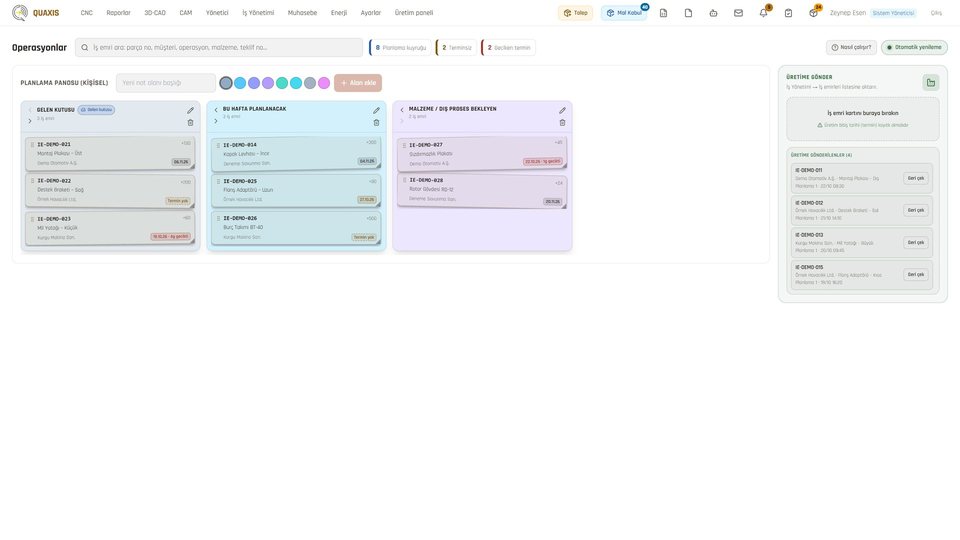 Planning board: the work order card is dropped onto "Send to production".